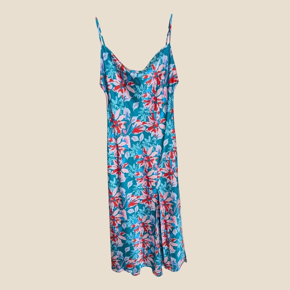 Paper Heart Anthropologie Teal Floral Cowl Neck Midi Slip Dress XL
